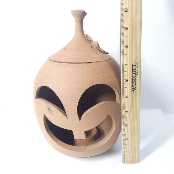 Terra Cotta Pumpkin Jack O Lantern Candle Holder Signed Clay Pottery Handmade - Picture 12 of 15